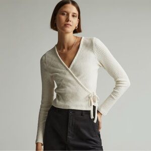 Everlane Cream Ribbed Wrap V-Neck Sweater
